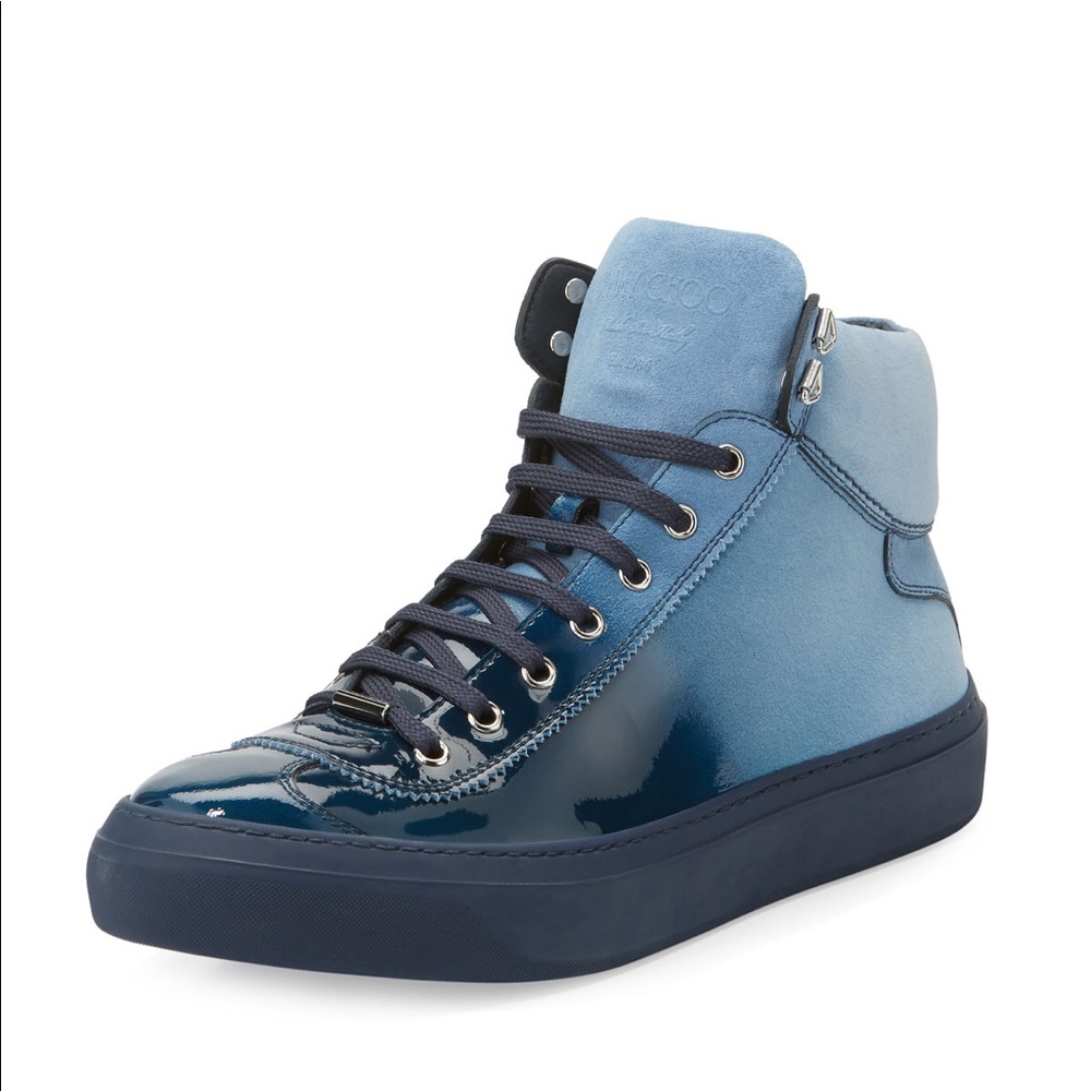 Jimmy Choo Size 8 Argyle Men's Lacquered Suede Dégradé High-Top Sneakers, Blue